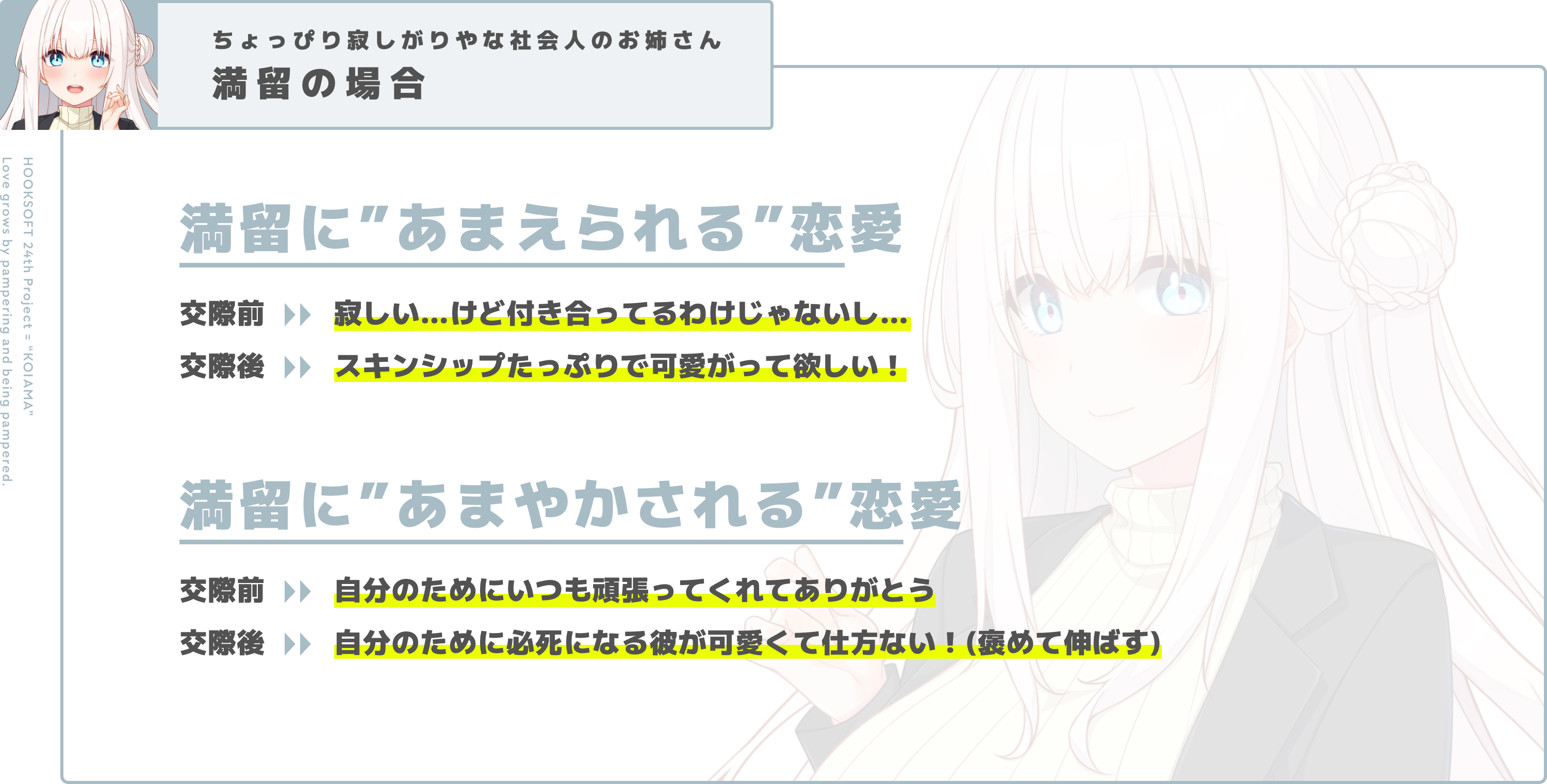 ちょっぴり寂しがりやな社会人のお姉さん 満留の場合 / 満留に”あまえられる”恋愛 - 交際前: 寂しい…けど付き合ってるわけじゃないし… / 交際後: スキンシップたっぷりで可愛がって欲しい！ / 満留に”あまやかされる”恋愛 - 交際前: 自分のためにいつも頑張ってくれてありがとう / 交際後: 自分のために必死になる彼が可愛くて仕方ない！(褒めて伸ばす)