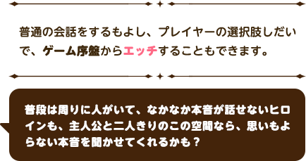 普通の会話をするもよし、プレイヤーの選択肢しだいで、ゲーム序盤からエッチすることもできます。